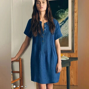 Faherty Indigo Blue Short-Sleeve Pintuck Linen Dress